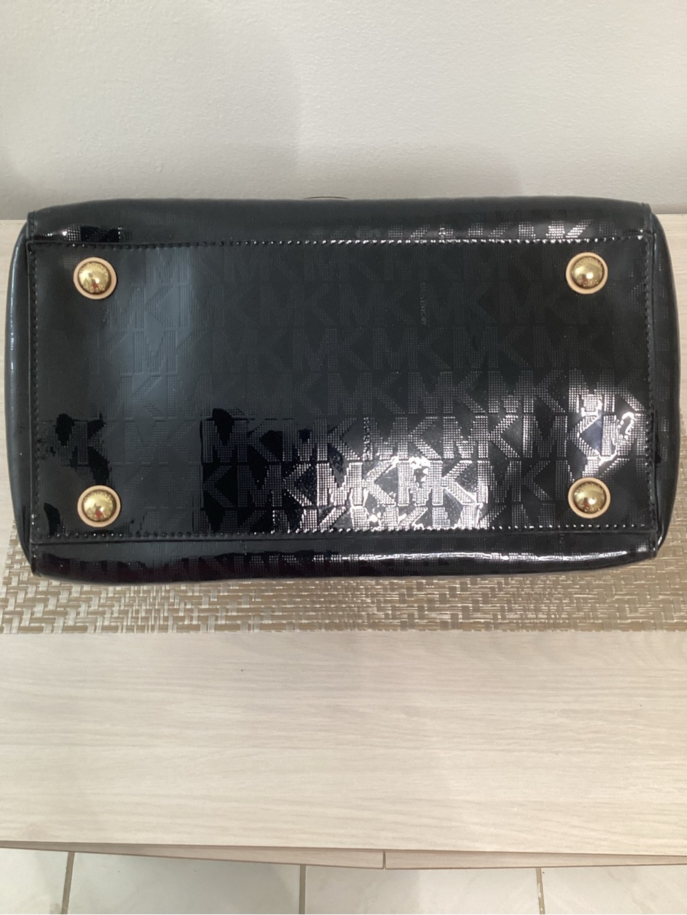 Michael Kors Black Patent Satchel with Beige Handles and Gold Hardware - Picture 2 of 4